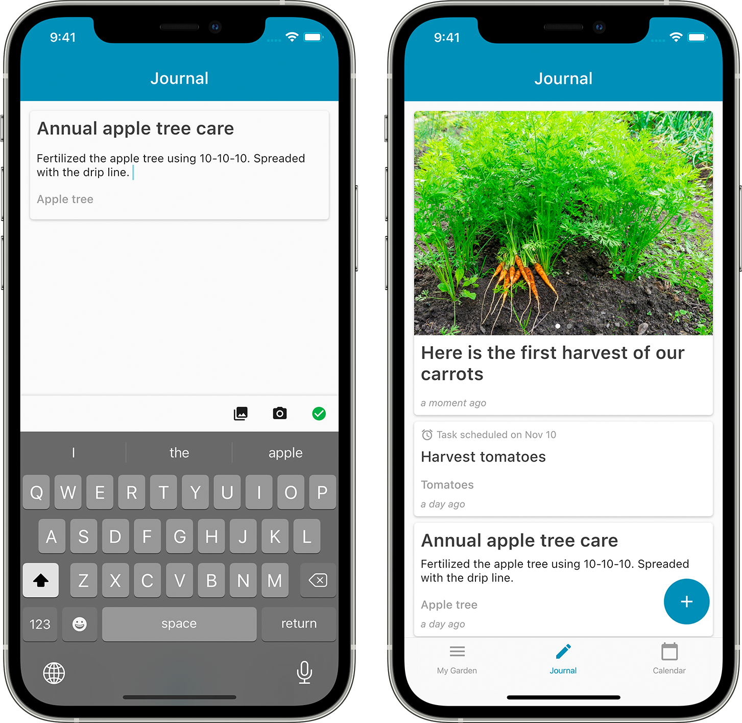 The journal screen of Leafarise mobile app for gardeners