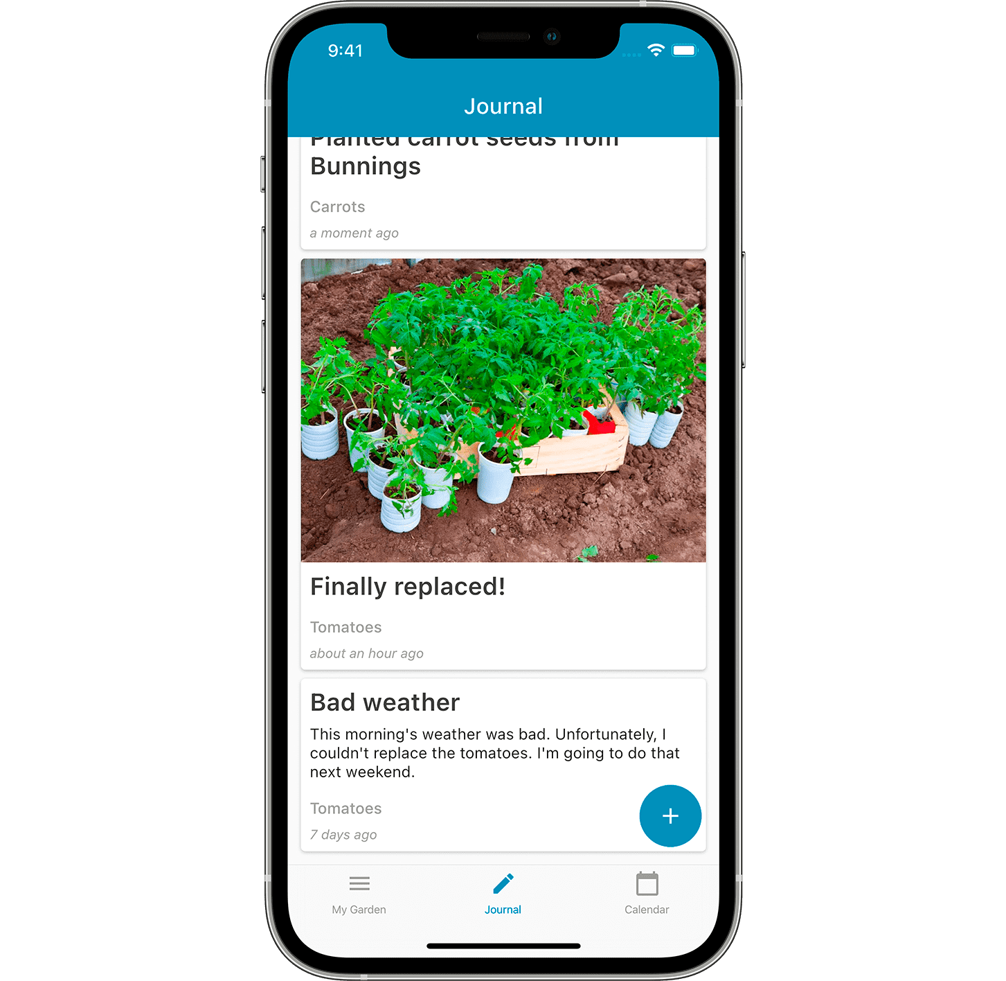 The journal screen in Leafarise mobile app for gardeners